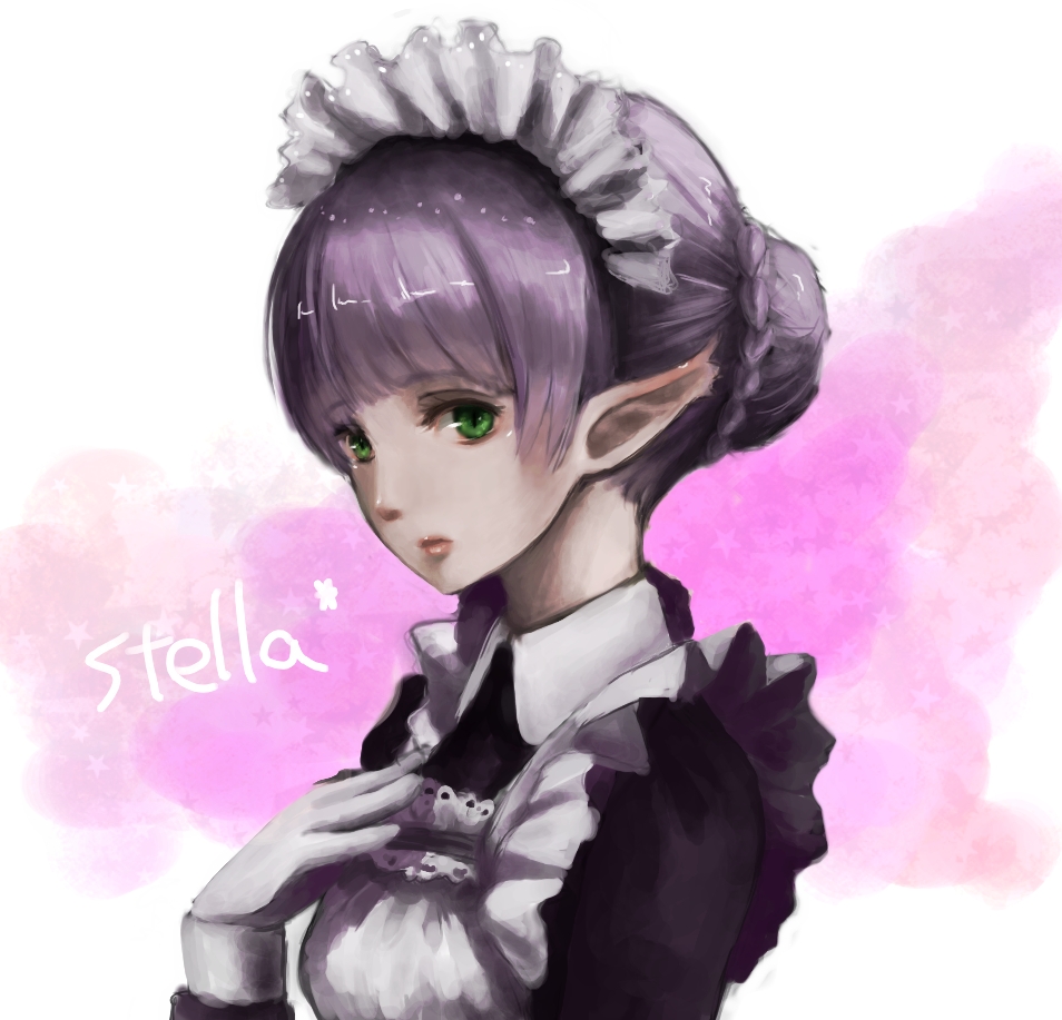 1girl, bad_id, bad_pixiv_id, female_focus, gloves, golden_sun, golden_sun:_dark_dawn, green_eyes, maid, pointy_ears, purple_hair, silver_hair, solo, sveta_(golden_sun), yoshida_mettsu