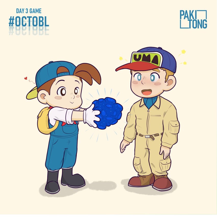 2boys, backpack, backwards_hat, bag, baseball_cap, blonde_hair, blue_eyes, blue_overalls