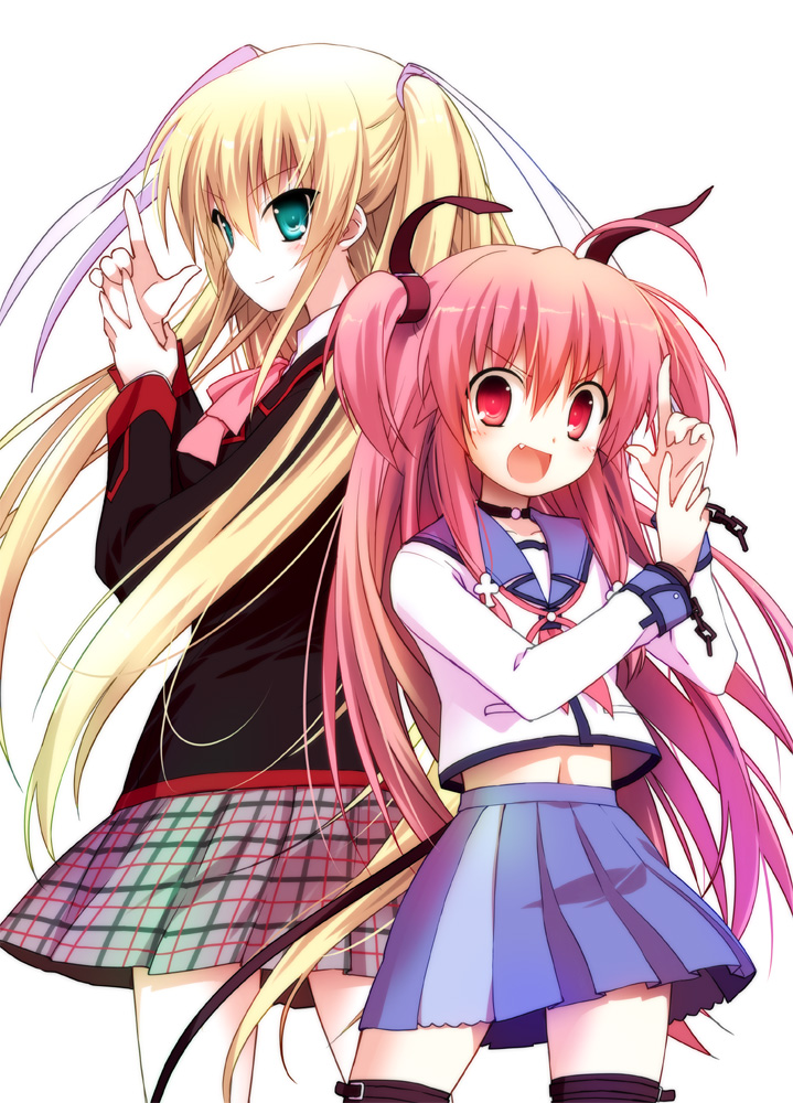 10s, 2girls, angel_beats!, back-to-back, blonde_hair, company_connection, crossover, closed_eyes