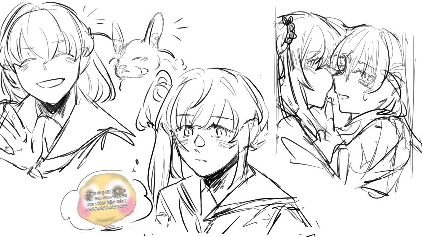 2girls, ^_^, absurdres, blush, closed_eyes, commentary, crossed_bangs, emoji