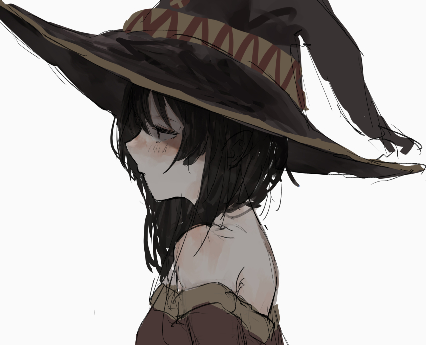 1girl, bare_shoulders, brown_hair, commentary_request, dress, expressionless, from_side, half-closed_eyes, hat, highres, kono_subarashii_sekai_ni_shukufuku_wo!, long_hair, megumin, off-shoulder_dress, off_shoulder, pikuson, portrait, profile, red_dress, red_eyes, simple_background, sketch, solo, white_background, witch_hat
