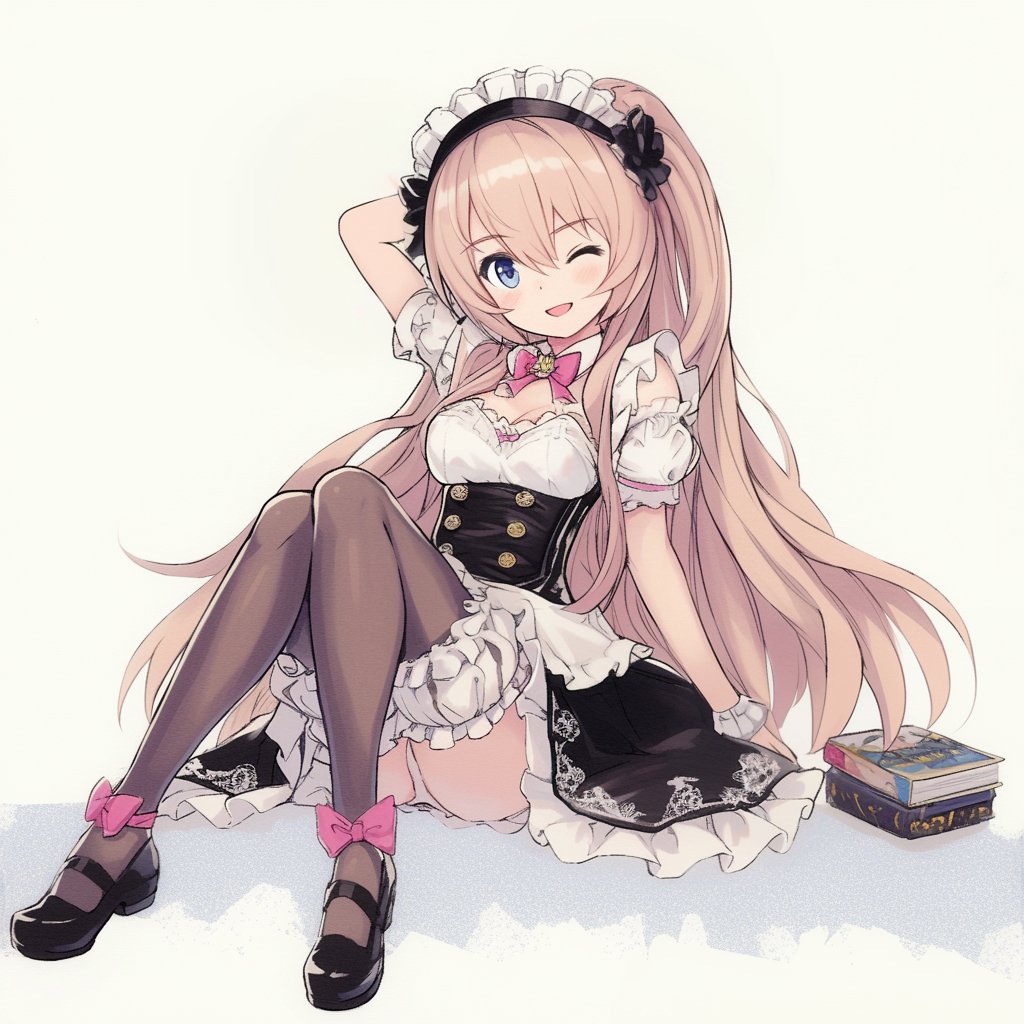 1girl, anastasia_(brown_dust), ankle_ribbon, arm_behind_head, armband, black_corset, black_dress, black_footwear