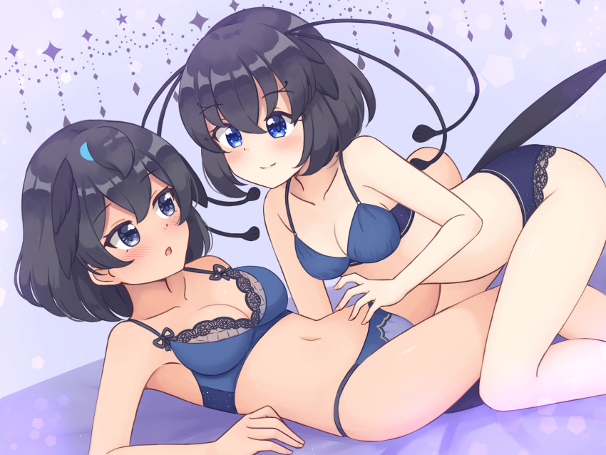 :o, all_fours, arm_support, bird_girl, bird_tail, bird_wings, black_hair, blue_bra