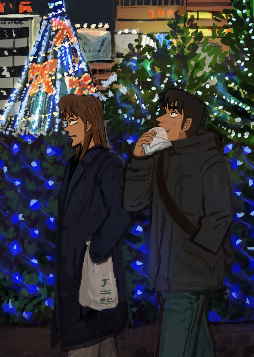 2boys, absurdres, bag, steamed_bun, black_coat, black_hair, blue_pants, brown_hair