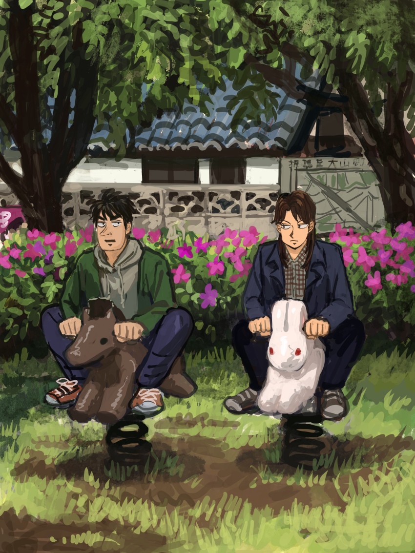 2boys, absurdres, black_hair, black_jacket, black_pants, brown_hair, closed_mouth, day, expressionless, flower, fukumoto_nobuyuki_(style), full_body, grass, green_jacket, grey_hoodie, highres, hood, hood_down, hoodie, ichijou_seiya, jacket, joukyou_seikatsuroku_ichijou, tobaku_mokushiroku_kaiji, long_hair, long_sleeves, looking_at_another, looking_to_the_side, male_focus, minahamu, multiple_boys, murakami_tamotsu, official_style, open_clothes, open_jacket, open_mouth, orange_shoes, outdoors, pants, parody, pink_flower, pointy_nose, shoes, short_hair, sitting, sneakers, spring_rider, style_parody, tree