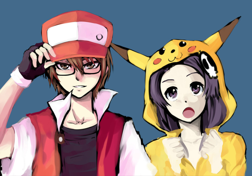 1boy, 1girl, adjusting_clothes, adjusting_headwear, baseball_cap, brown_hair, cosplay, crossover