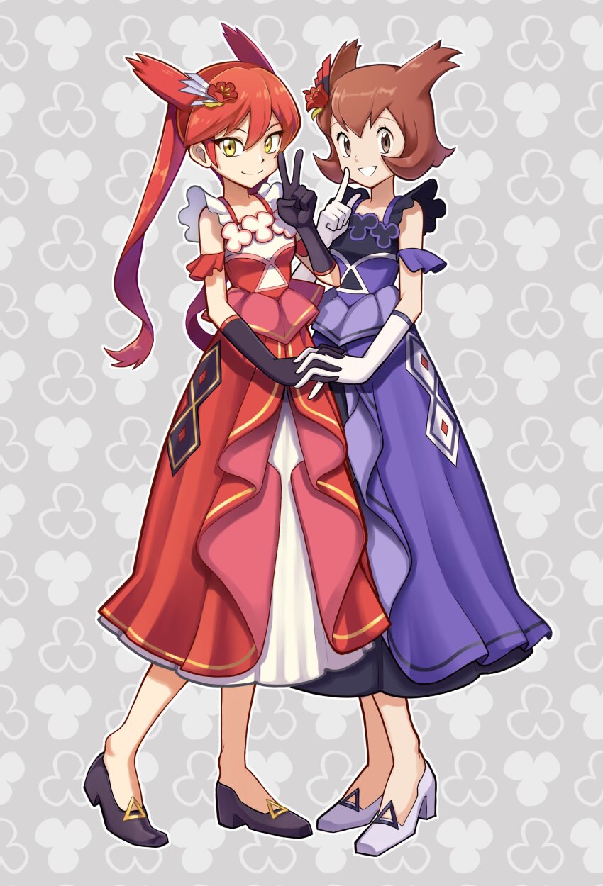 2girls, absurdres, bianca_(pokemon_heroes), black_footwear, black_gloves, brown_eyes, brown_hair, commentary