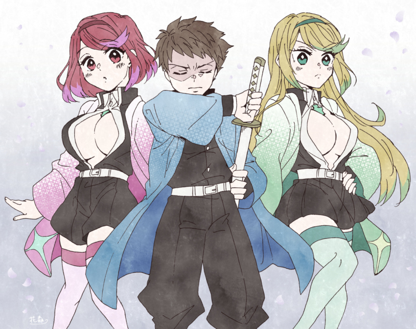 1boy, 2girls, breasts, cleavage, cosplay, demon_slayer_uniform, hanamori00, holding, holding_sword, holding_weapon, katana, kimetsu_no_yaiba, large_breasts, looking_at_viewer, multiple_girls, mythra_(xenoblade), pyra_(xenoblade), rex_(xenoblade), sheath, sword, unsheathing, weapon, xenoblade_chronicles_(series), xenoblade_chronicles_2
