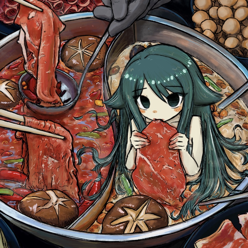 1girl, 1other, blood, blood_on_face, blood_on_hands, bowl, bubbacterial, chopsticks, eating, enoki_mushroom, food, food_on_face, green_eyes, green_hair, hair_flaps, highres, hotpot, ladle, long_hair, meat, mini_person, minigirl, mushroom, nude, saya_(saya_no_uta), saya_no_uta, shiitake, soup, upturned_eyes, vegetable
