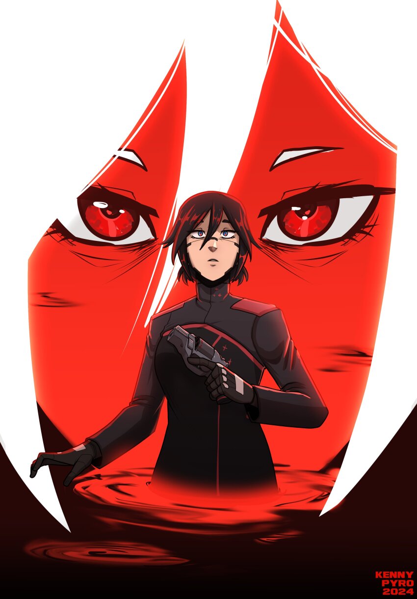 2girls, absurdres, ariane_yeong, artist_name, black_hair, black_jacket, blending, commentary