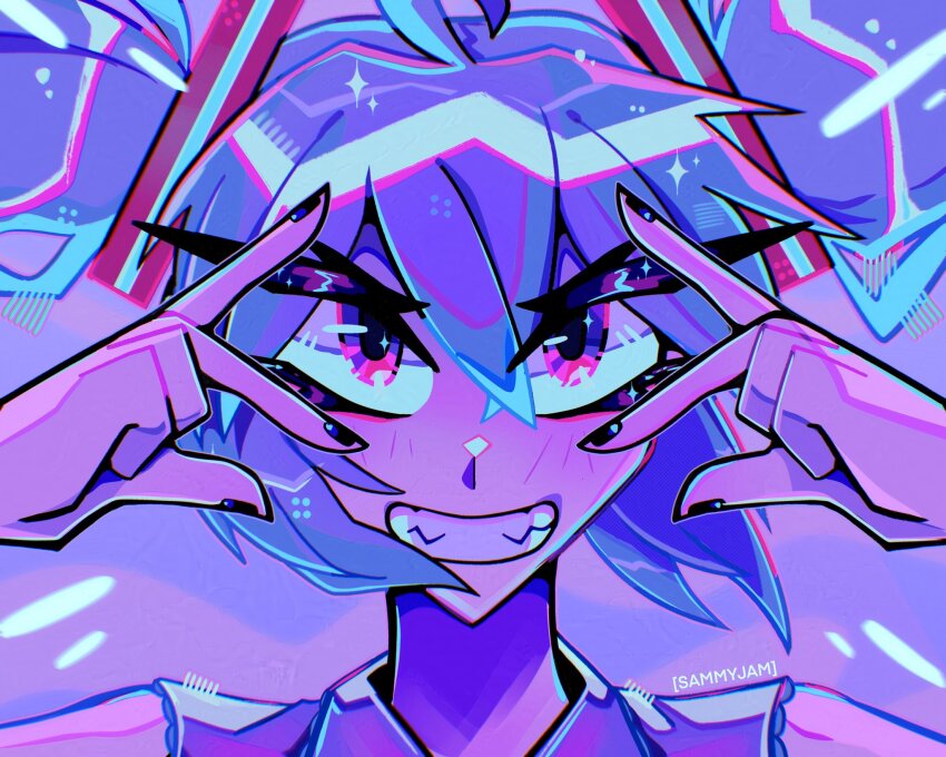 1girl, black_nails, double_v, hands_up, hatsune_miku, highres, m@gical_cure!_love_shot!_(vocaloid), meme