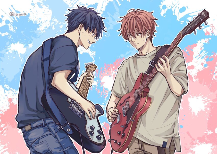 2boys, blue_eyes, blue_hair, blue_shirt, brown_pants, cowboy_shot, electric_guitar, gibson_es-335