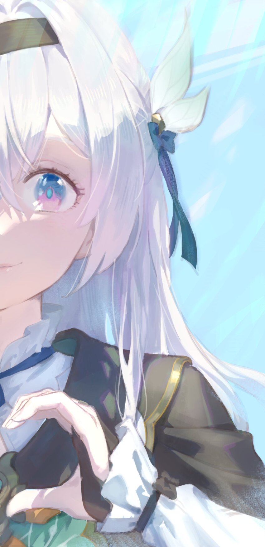 1girl, absurdres, amenoki, black_bridal_gauntlets, black_hairband, black_jacket, bridal_gauntlets, closed_mouth