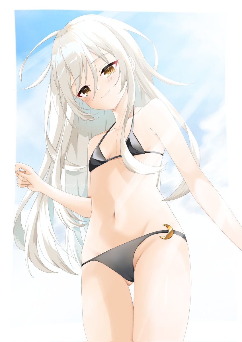 1girl, bikini, black_bikini, blue_sky, breasts, brown_eyes, cloud, commentary_request