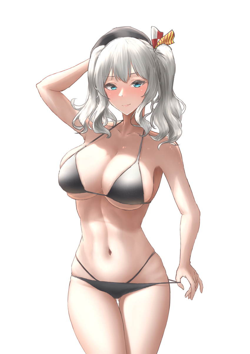 1girl, absurdres, alternate_costume, arm_behind_head, arm_up, beret, bikini, black_bikini