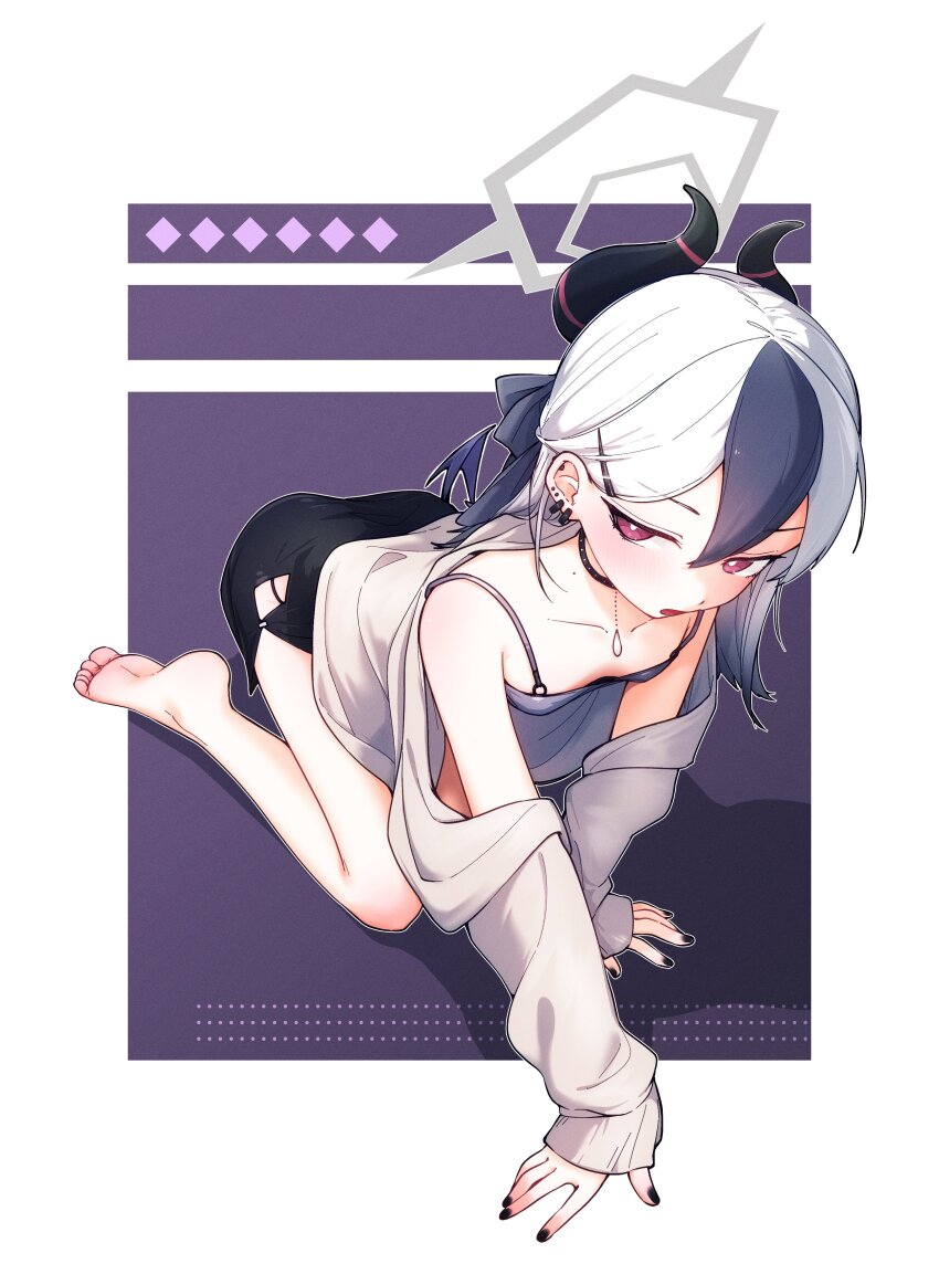 1girl, absurdres, all_fours, barefoot, black_dress, black_hair, black_horns, black_nails