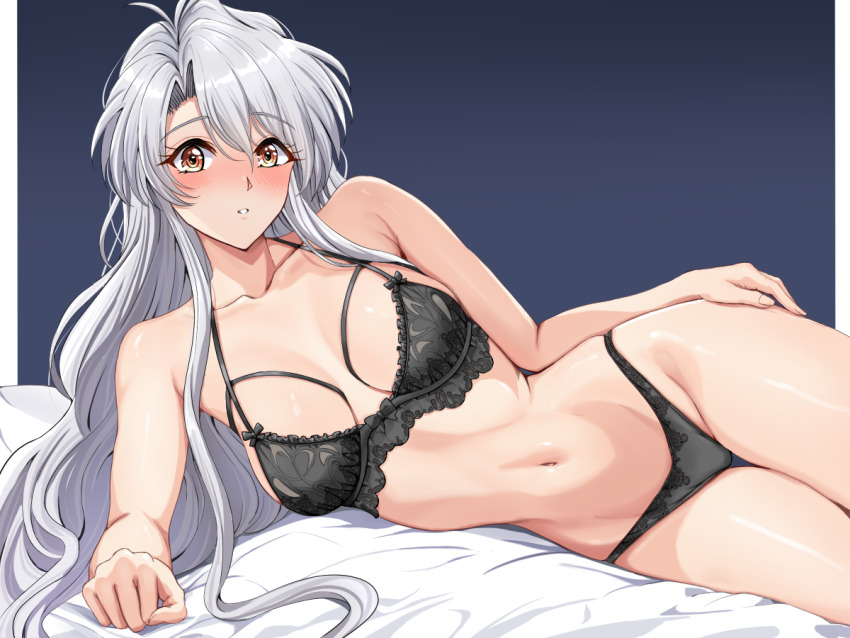 1girl, black_bra, black_panties, bra, breasts, brown_eyes, claret_(langrisser), cleavage