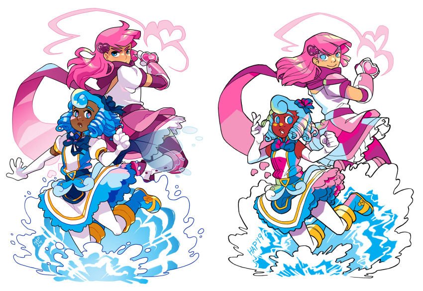 2girls, artist_name, artist_progress, blue_eyes, blue_footwear, blue_hair, clenched_hand, commentary