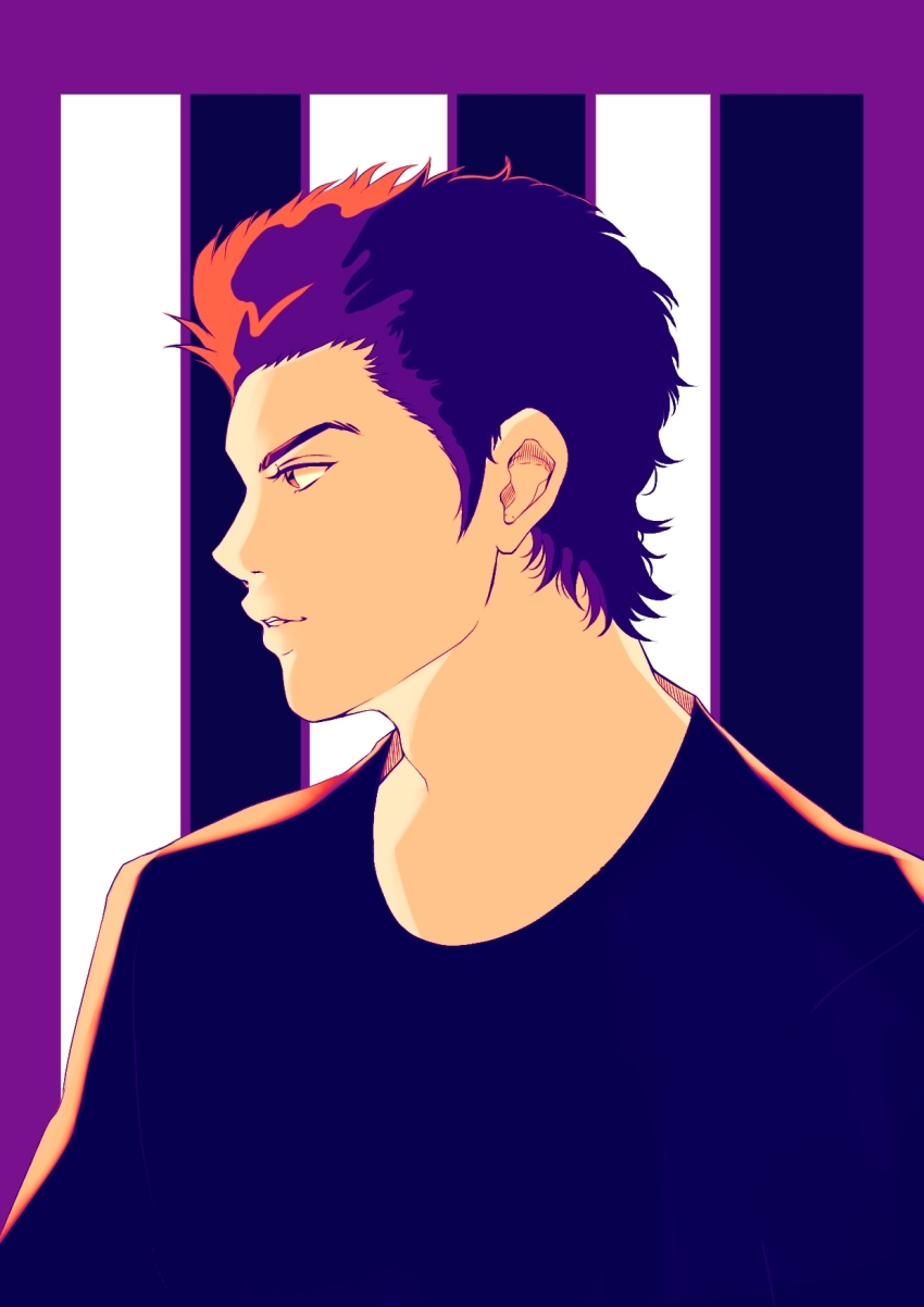 1boy, ace_of_diamond, black_shirt, highres, male_focus, meat_mint, parted_lips, purple_background