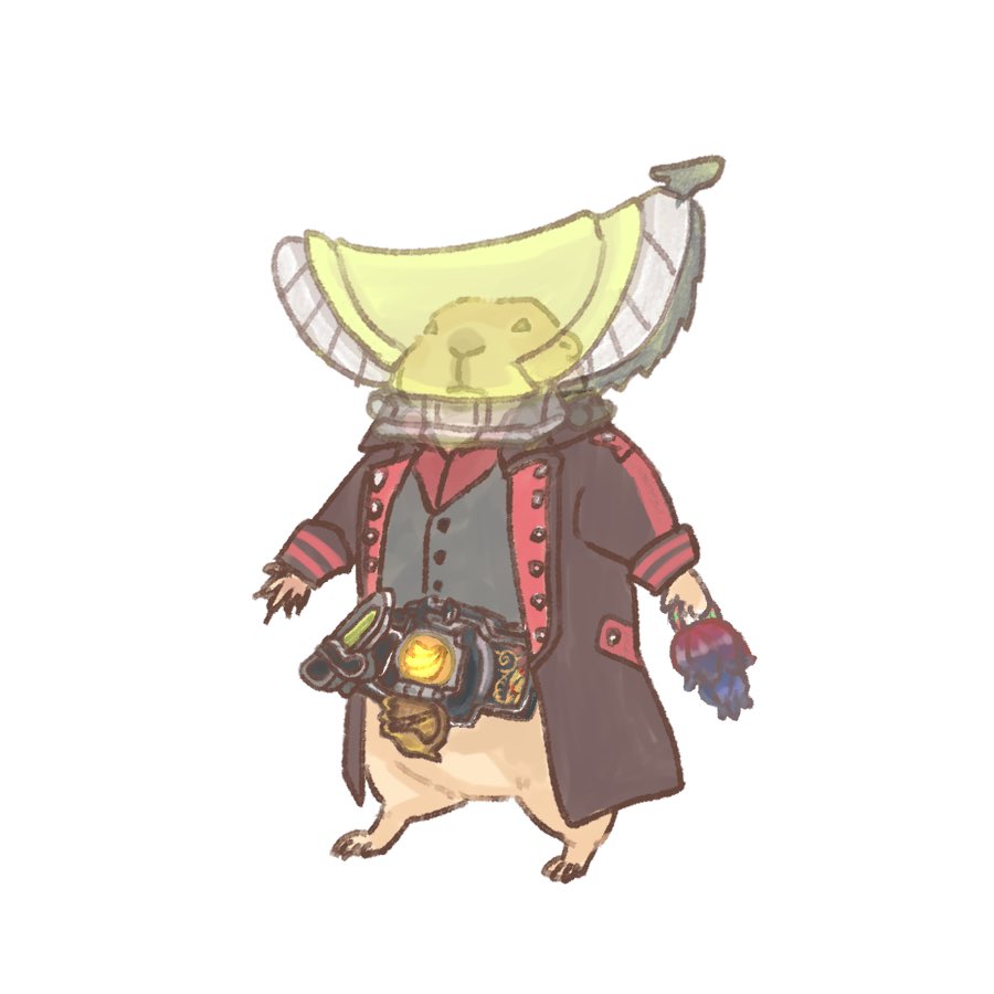 animal_focus, black_coat, black_vest, body_fur, coat, collared_shirt, cosplay, henshin, kamen_rider, kamen_rider_baron, kamen_rider_baron_(cosplay), kamen_rider_gaim_(series), kumon_kaito, kumon_kaito_(cosplay), lock_seed, prairie_dog, py0wwk, red_shirt, sengoku_driver, shirt, simple_background, solo, vest, white_background