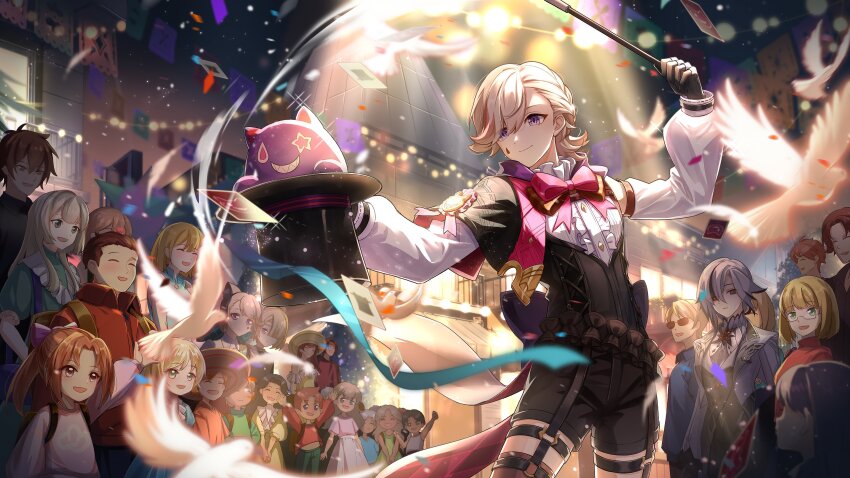 6+boys, 6+girls, absurdres, animal_ears, arlecchino_(genshin_impact), bird, black_eyes, black_gloves