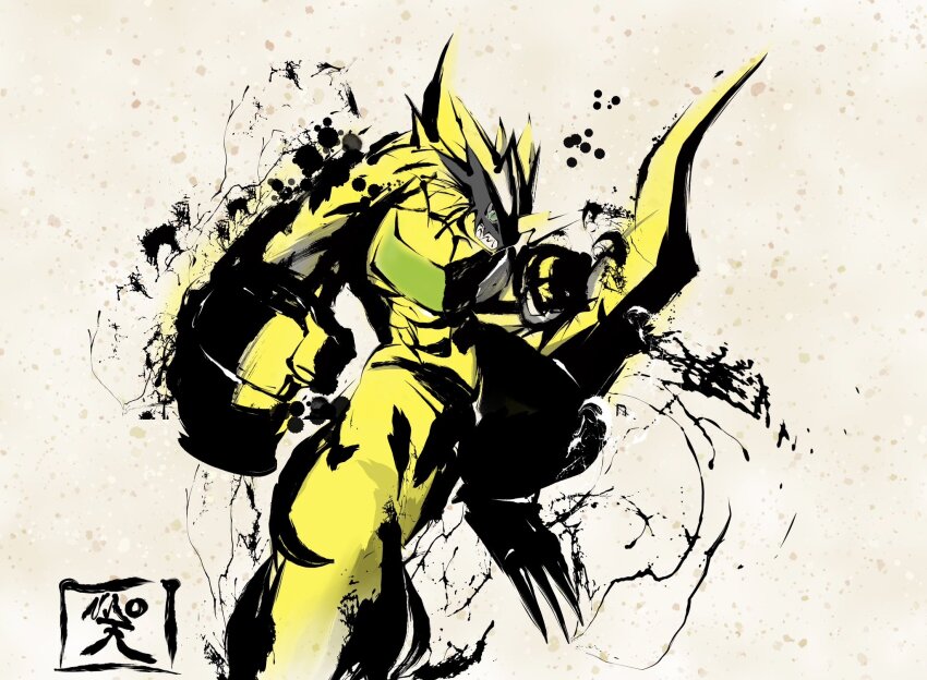 1boy, bulkmon, clenched_hands, colored_skin, digimon, digimon_(creature), eye_mask, foot_out_of_frame