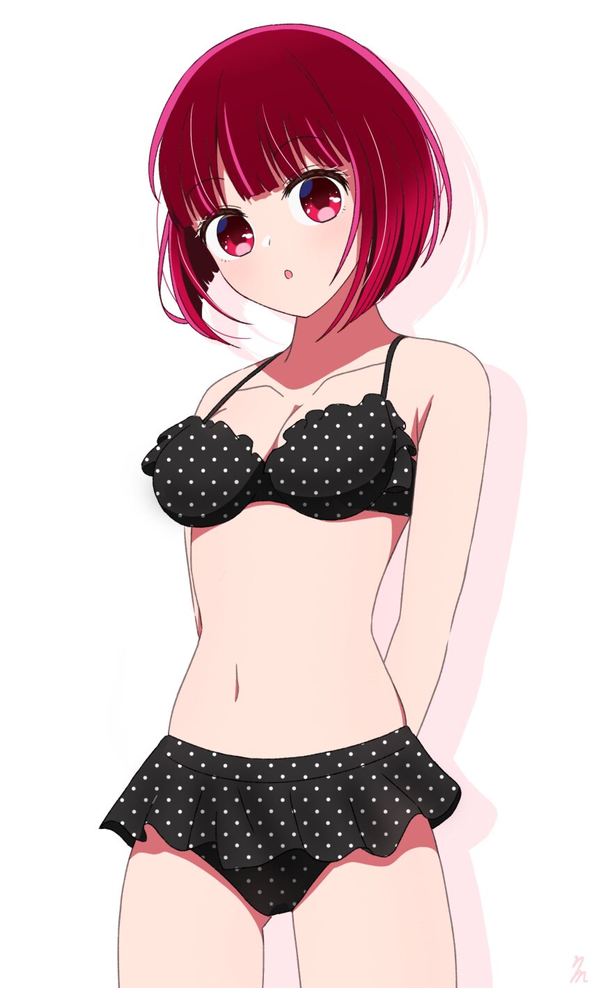 1girl, :o, absurdres, arima_kana, bikini, black_bikini, blush, bob_cut, breasts, hat, highres, inverted_bob, looking_at_viewer, medium_breasts, navel, nm_(blue-rapid), open_mouth, oshi_no_ko, polka_dot, polka_dot_bikini, red_eyes, red_hair, short_hair, solo, stomach, swimsuit