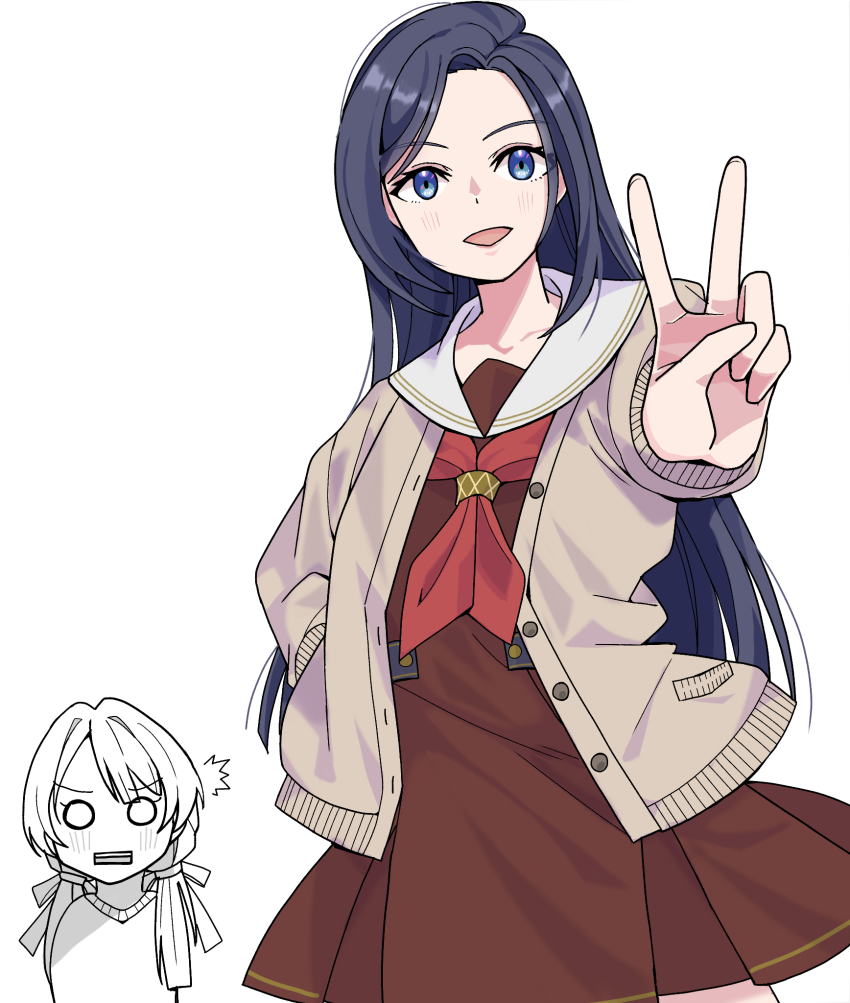 2girls, blue_eyes, blue_hair, blush, brown_cardigan, brown_dress, cardigan, chibi