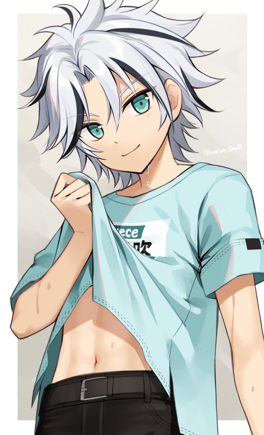 1boy, aqua_eyes, aqua_shirt, belt, bishounen, black_hair, black_pants, closed_mouth, clothes_lift, ensemble_stars!, grey_hair, hair_between_eyes, highres, iroiro_0w0, male_focus, multicolored_hair, navel, pants, shirt, shirt_lift, smile, solo, stomach, t-shirt, taki_ibuki, white_hair