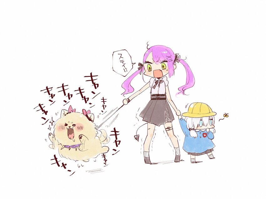 3girls, aged_down, animalization, ars_almal, badge, black_skirt, blue_eyes, blue_shirt