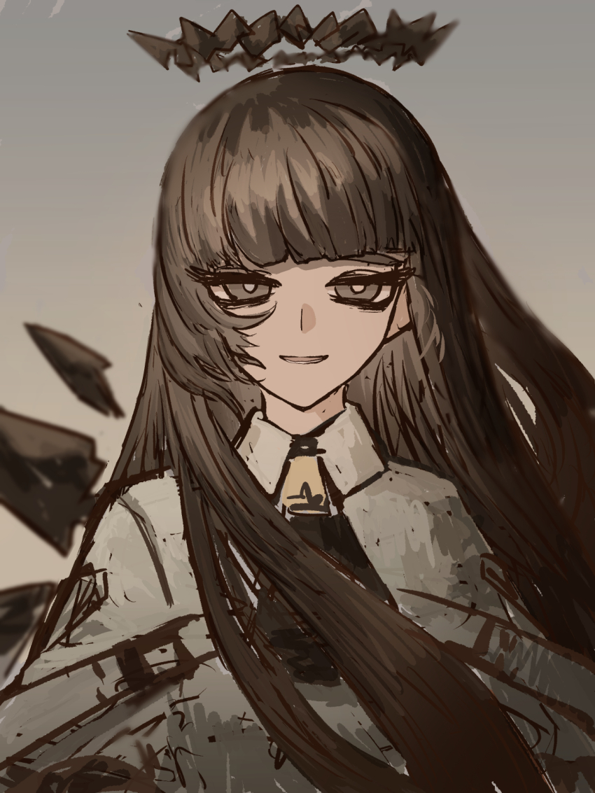 1girl, arknights, ascot, black_ascot, blunt_bangs, blurry, blurry_background, bright_pupils