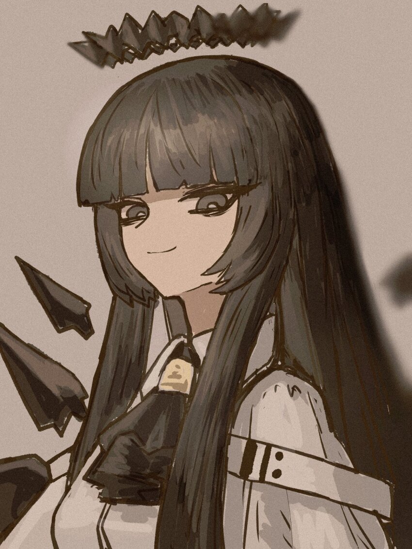 1girl, arknights, ascot, black_ascot, black_eyes, black_hair, black_halo, black_wings