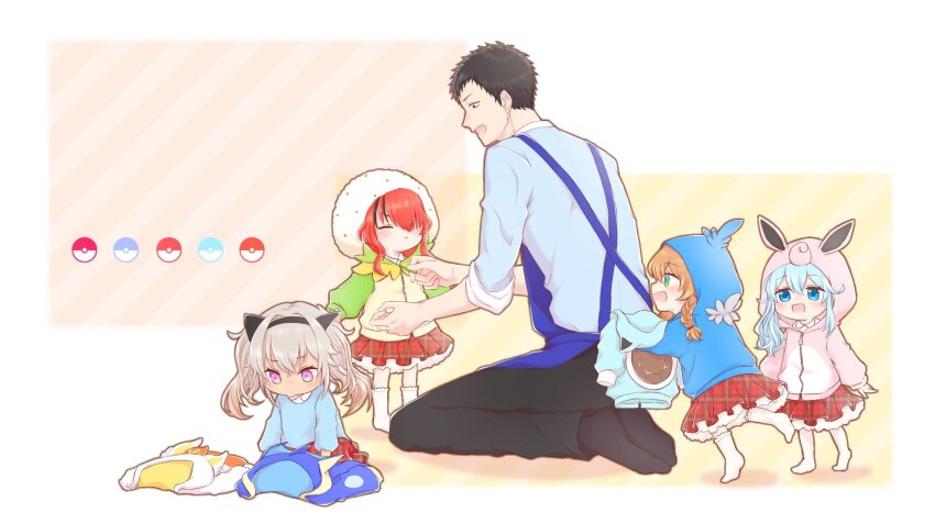 1boy, 4girls, aged_down, apron, black_eyes, black_hair, black_hairband, black_pants