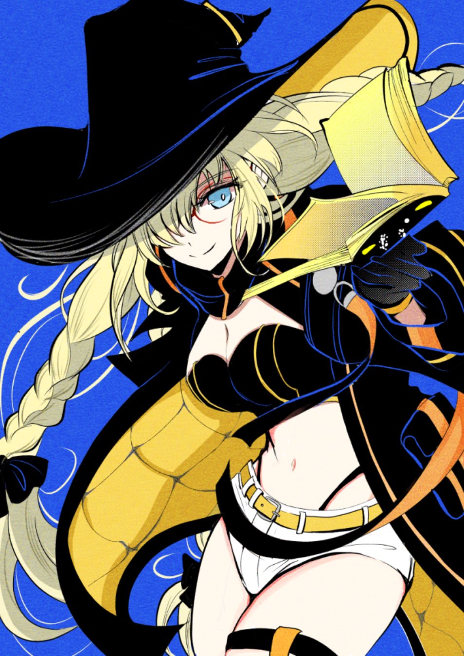1girl, aesc_(exhibition_attire)_(fate), aesc_(fate), aesc_(rain_witch)_(fate), black_bow, black_gloves, black_panties, blonde_hair, blue_background, blue_eyes, book, bow, braid, breasts, cleavage, cowboy_shot, fate/grand_order, fate_(series), glasses, gloves, hair_over_one_eye, hat, highleg, highleg_panties, highres, jacket, kauderni01356, long_hair, looking_at_viewer, medium_breasts, midriff, navel, official_alternate_costume, open_clothes, open_jacket, panties, red-framed_eyewear, round_eyewear, short_shorts, shorts, simple_background, smile, solo, thigh_strap, thong, twin_braids, underwear, white_shorts, witch_hat