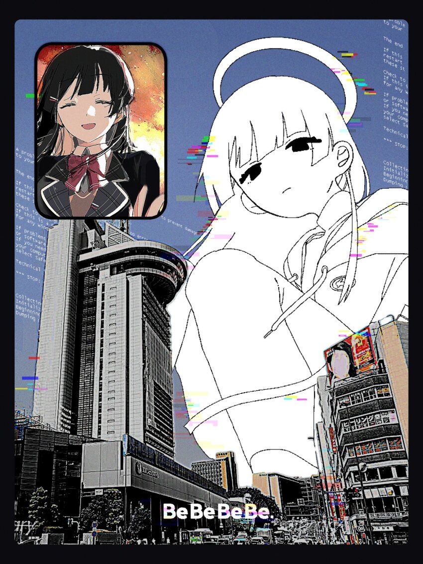 1girl, azuma_kurumi, be_be_be_be_(cevio), black_border, black_hair, black_jacket, blazer, blue_sky, border, bow, bowtie, brown_sweater, building, city, closed_eyes, closed_mouth, collared_shirt, day, drawstring, english_text, explosion, expressionless, facing_viewer, floating_hair, giant, giantess, glitch, half-closed_eyes, halo, highres, hood, hood_down, hooded_jacket, inset, jacket, knees_up, lapels, long_hair, looking_at_viewer, multiple_views, nijisanji, open_clothes, open_jacket, open_mouth, partially_colored, photo_background, plaid_clothes, plaid_lapels, red_bow, red_bowtie, shirt, sitting, sky, skyscraper, smile, song_name, sweater, tsukino_mito, tsukino_mito_(1st_costume), tsukino_mito_(hoodie), tsukino_mito_(sporty), virtual_youtuber