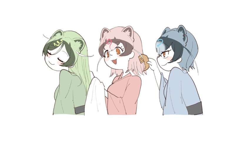 3girls, :3, alternate_costume, animal_ears, blue_hair, blue_kimono, blush, brushing_hair