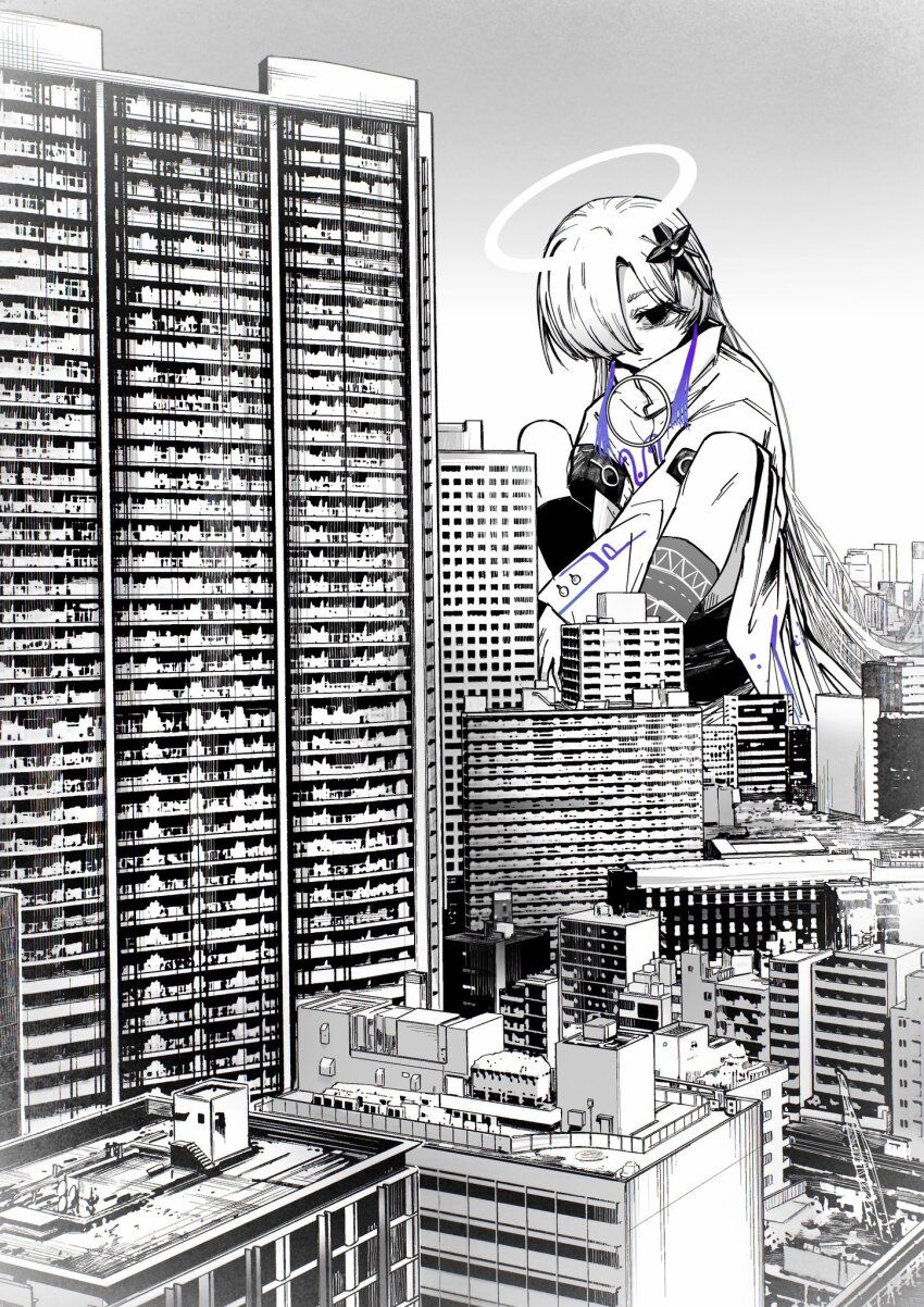 1girl, arms_between_legs, asymmetrical_sleeves, be_be_be_be_(cevio), building, cevio, city, closed_mouth