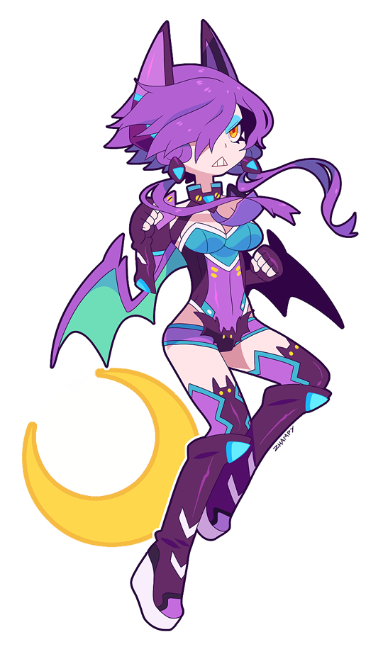 bat_girl, bat_wings, boots, breasts, cleavage, clenched_hands, clenched_teeth, cosplay, crescent, crobat, crobat_(cosplay), eyeshadow, fingerless_gloves, gen_2_pokemon, gloves, headphones, hopebiscuit, humanization, makeup, moon, necktie, nintendo, open_mouth, original, personification, platform_boots, platform_footwear, pokemon, purple_hair, purple_necktie, purple_wings, teeth, thigh_boots, thighhighs, waist_cutout, wings, yellow_eyes, zhampy
