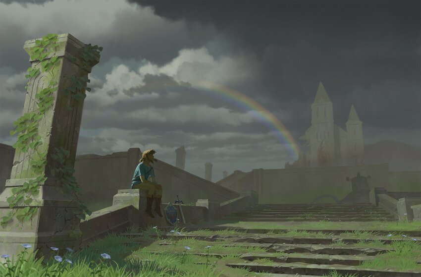 1boy, blonde_hair, blue_shirt, blue_tunic, boots, brown_boots, champion's_tunic_(zelda), closed_eyes, column, dark, flower, grass, grey_sky, guardian_(zelda), highres, hylian_shield, hyrule_castle, knee_boots, leaf, link, long_sidelocks, low_ponytail, madsraa, master_sword, nintendo, pillar, pointy_ears, ponytail, rainbow, rubble, shield, shirt, short_ponytail, sidelocks, sitting, sky, solo, sword, the_legend_of_zelda, the_legend_of_zelda:_breath_of_the_wild, tunic, weapon