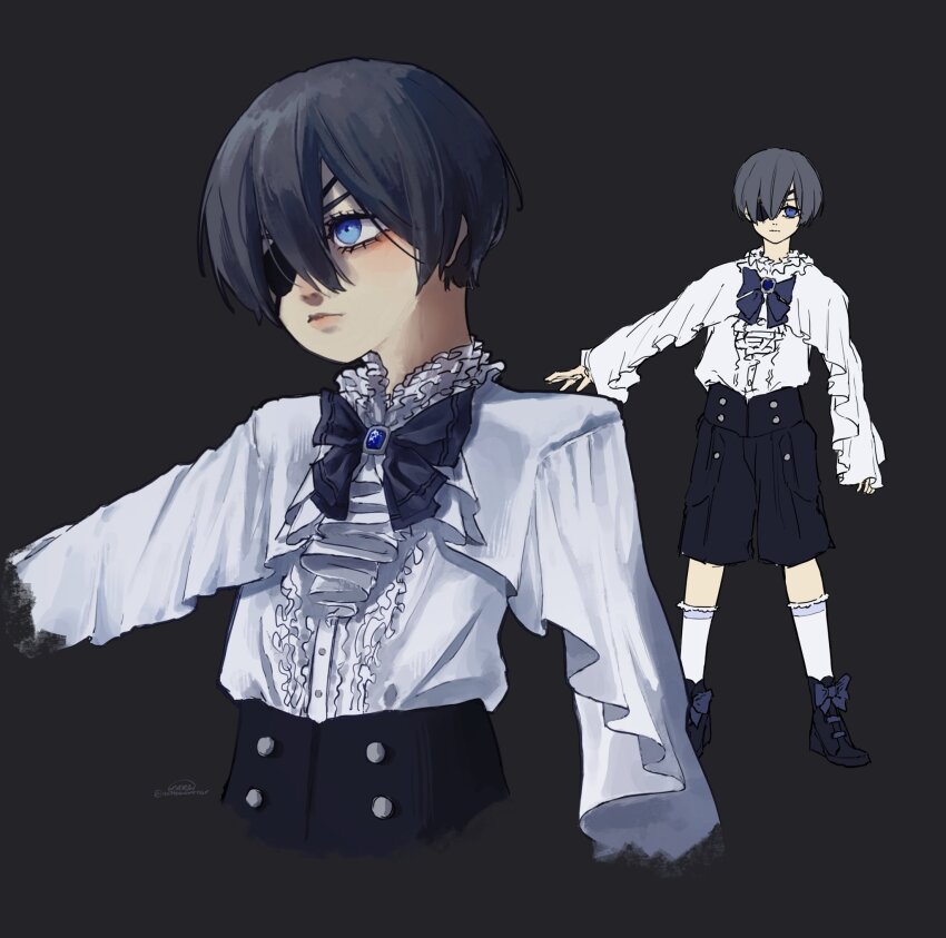 1boy, black_background, black_boots, black_shorts, blue_bow, blue_eyes, blue_hair, blush, boots, bow, bowtie, cape, ciel_phantomhive, eyepatch, eyewear_strap, frills, hair_between_eyes, highres, kneehighs, kuroshitsuji, lolita_fashion, long_sleeves, male_focus, nettlemirror, ouji_fashion, shirt, short_hair, shorts, simple_background, socks, solo, victorian, white_shirt, white_socks, wide_sleeves