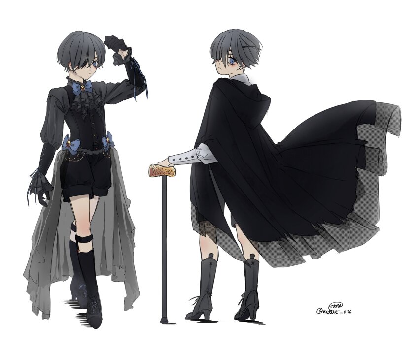1boy, black_boots, black_cape, black_coat, black_gloves, black_shirt, black_shorts, black_vest, blue_bow, blue_eyes, blue_hair, boots, bow, cane, cape, ciel_phantomhive, coat, dark_blue_hair, earrings, eyepatch, eyewear_strap, gloves, highres, jewelry, kuroshitsuji, lolita_fashion, long_sleeves, looking_at_viewer, male_focus, nettlemirror, open_clothes, open_coat, ouji_fashion, ribbon, shirt, short_hair, shorts, simple_background, solo, vest, victorian, white_background