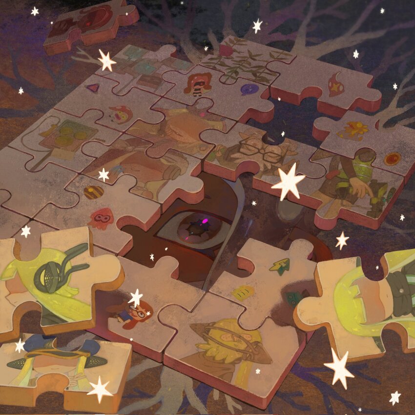 1boy, 6+girls, agent_3_(splatoon), agent_8_(splatoon), antique_phone, bandaid, beard, black-framed_eyewear