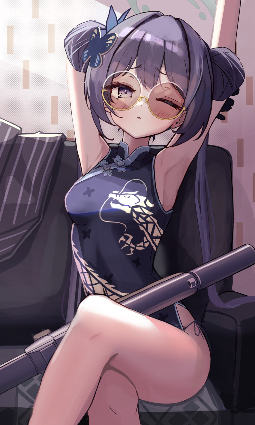 1girl, absurdres, arm_behind_head, arm_up, armpits, bespectacled, black_dress, black_gloves, black_hair, blue_archive, breasts, butterfly_hair_ornament, china_dress, chinese_clothes, closed_mouth, crossed_legs, cs/ls06, double_bun, dragon_print, dress, duda_(duda1), glasses, gloves, grey_halo, gun, hair_bun, hair_ornament, halo, highres, kisaki_(blue_archive), long_hair, looking_at_viewer, one_eye_closed, purple_eyes, round_eyewear, sitting, sleeveless, sleeveless_dress, small_breasts, solo, submachine_gun, sunglasses, thighs, twintails, weapon