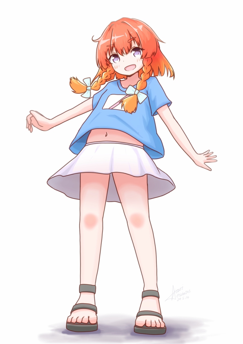 1girl, aaoi, alternate_costume, blue_shirt, bob_cut, braid, etorofu_(kancolle), full_body