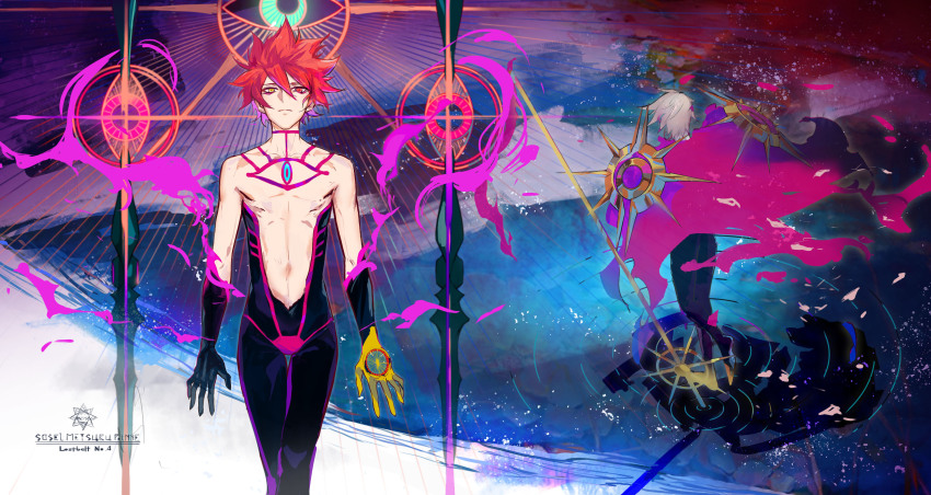 1boy, absurdres, arms_at_sides, black_bodysuit, black_gloves, bodysuit, cape, chest_tattoo