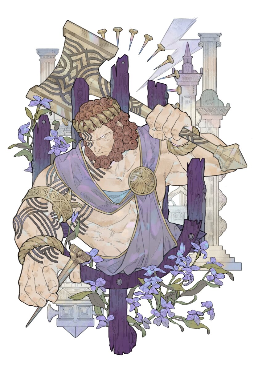 1boy, abs, absurdres, arm_tattoo, armlet, beard, blank_eyes, bracelet, brown_hair, building, byregot, chest_tattoo, column, cropped_torso, curly_hair, facial_hair, facial_tattoo, final_fantasy, final_fantasy_xiv, flower, hammer, headband, highres, holding, holding_hammer, holding_nail, jewelry, lege_bushi_shiwu, male_focus, muscular, muscular_male, nail_(hardware), pectorals, pillar, purple_flower, purple_sash, sash, short_hair, solo, tattoo, upper_body