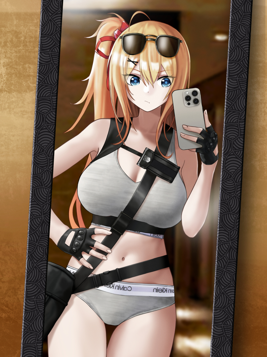 1girl, absurdres, ahoge, bag, black_gloves, blonde_hair, blue_eyes, bra