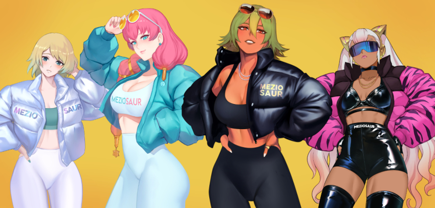 4girls, adjusting_eyewear, alternate_costume, artist_name, ass, bead_necklace, beads, black_bra