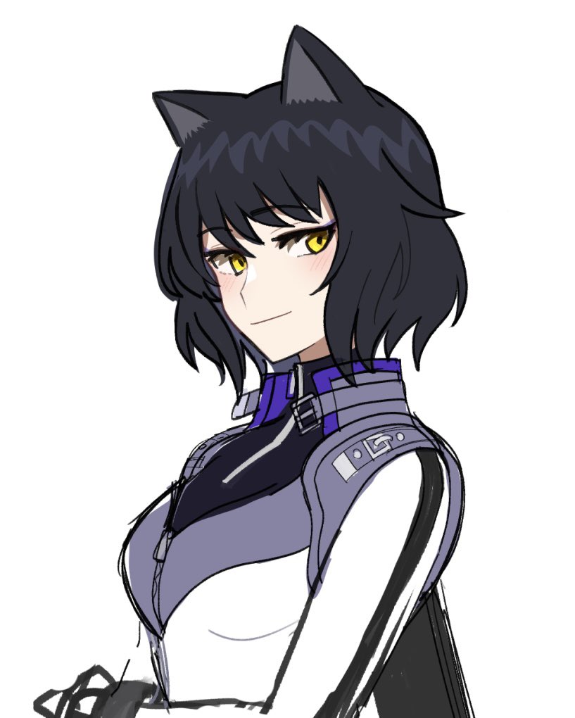 1girl, animal_ears, black_hair, blake_belladonna, breasts, cat_ears, catsuit, closed_mouth