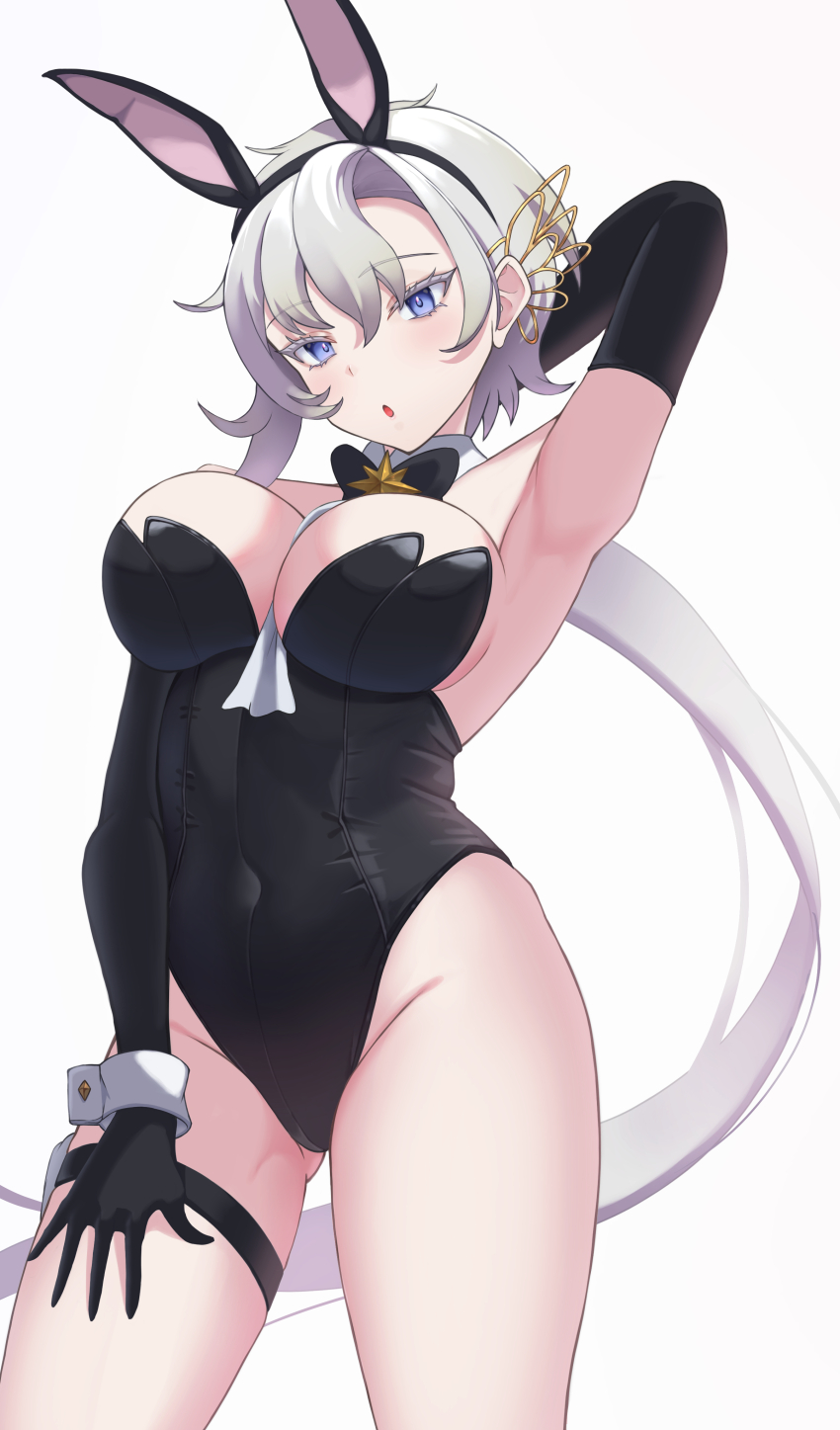 1girl, :o, absurdres, alternate_costume, animal_ears, arm_behind_head, armpits, backless_leotard